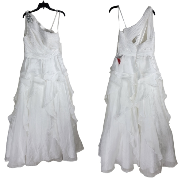 Mac Duggal $498 Size 10 Jeweled Broach One Shoulder Cascade Ruffle White Dress - Picture 4 of 8